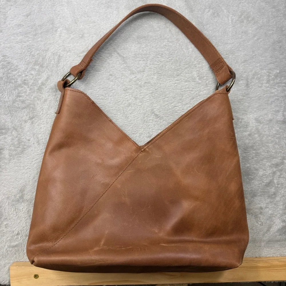 ABLE Leather Hobo Shoulder Bag Brown Cognac Tote Purse Magnetic Snap Handmade